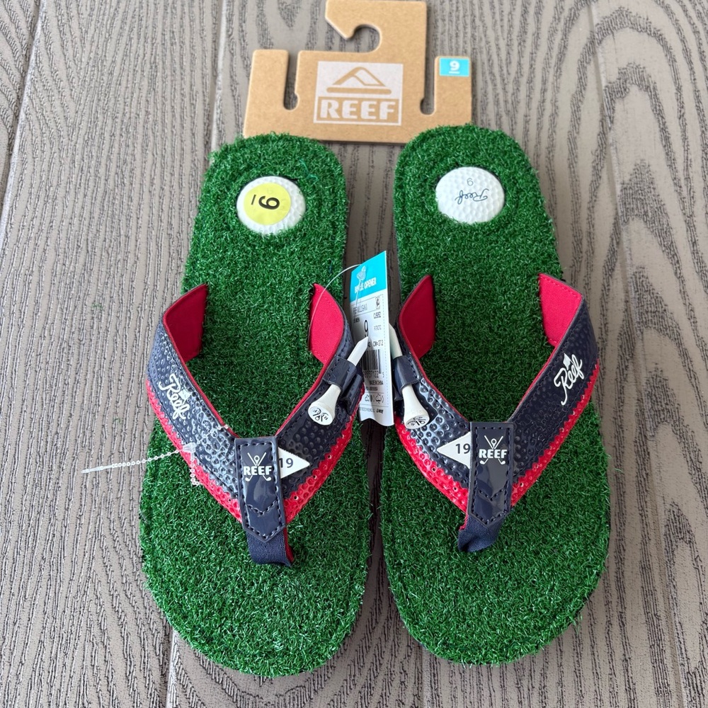 Reef Mulligan II Green Turf Lined Sandals Tee Up Bottle Opener Golf Mens Size 9